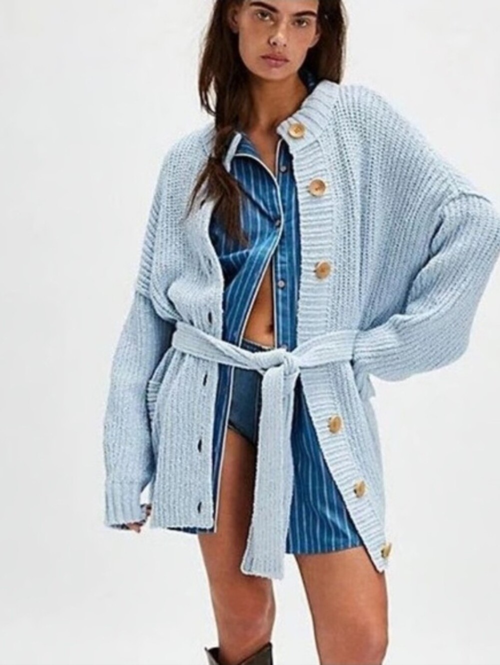 Free People Brooklyn Belted Cream Button-Front Belted Knit Cardigan